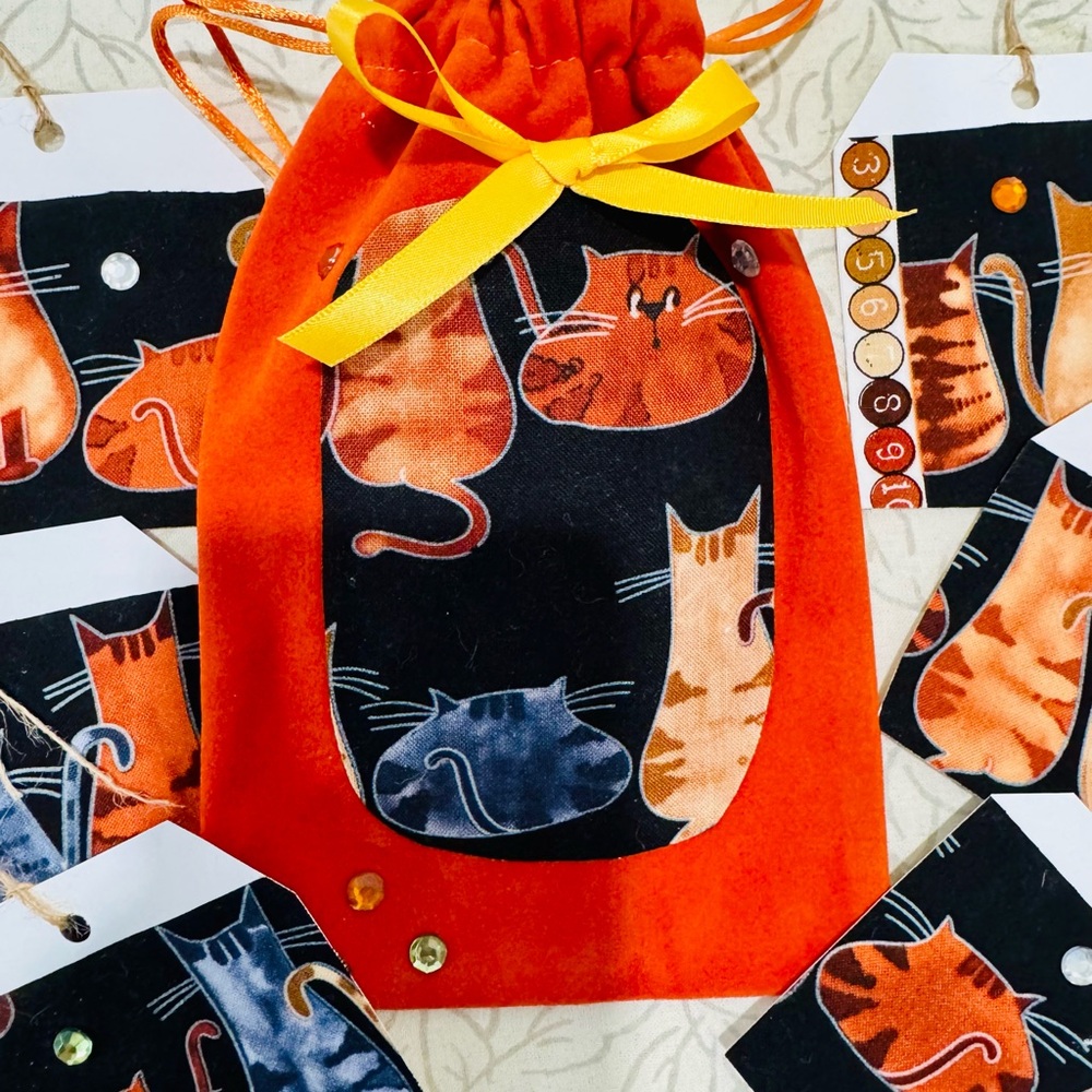 Velvet Drawstring Gift Bag & 6  Cat hang tags